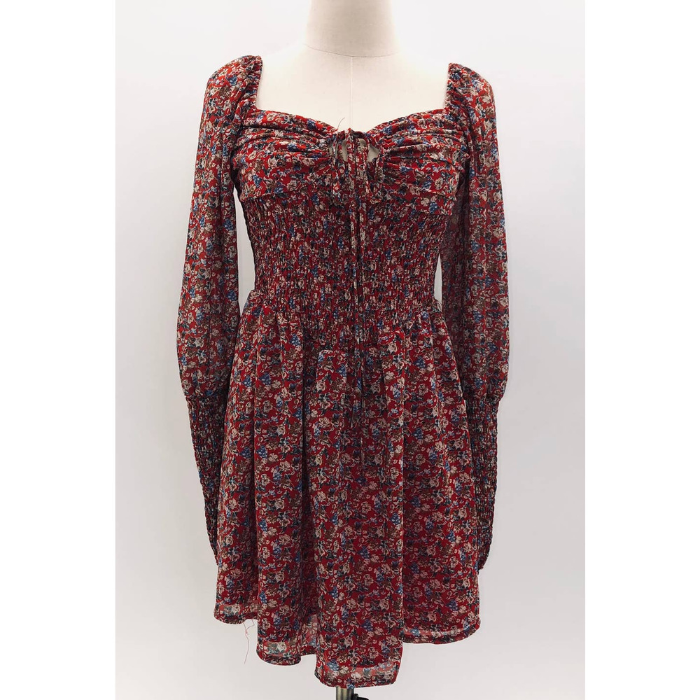 Pretty Little Thing Red/ Floral Print Long Sleeve Mini Sweetheart Dress NWT- 6 - Picture 2 of 12